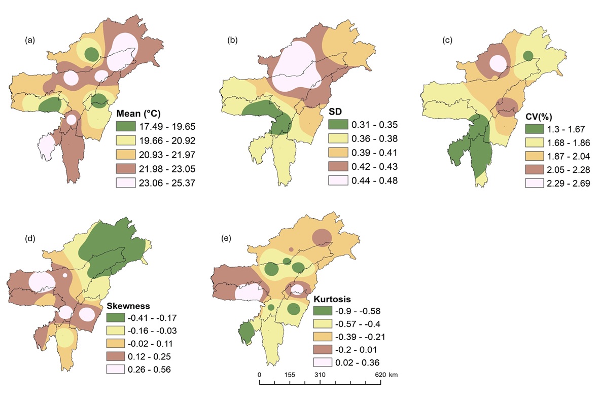  Spatial patterns of annual mean air temperature and associated descriptive statistics across Northeast
 India (1990–2024)